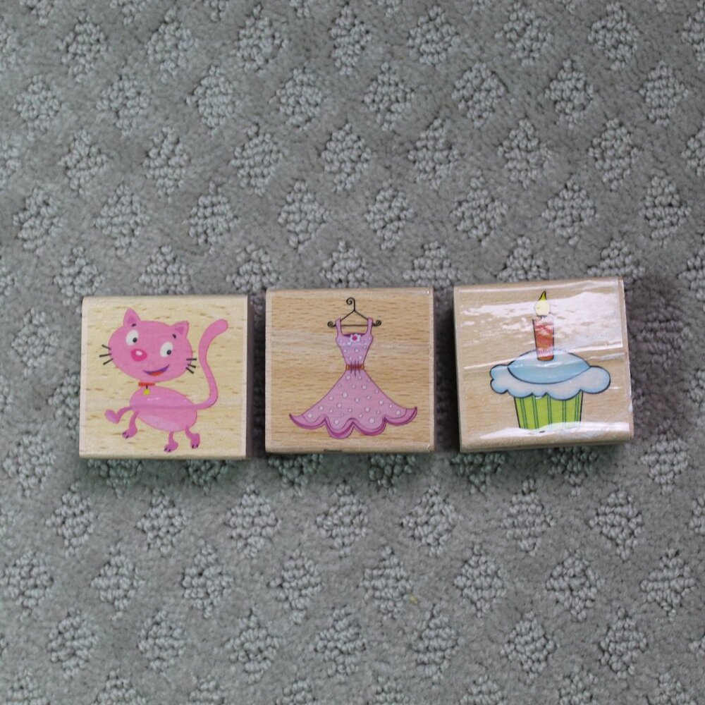 Lot of 3 Sarah Beise Good Preowned Cat, Cupcake, Dress Wood Mounted Stamps